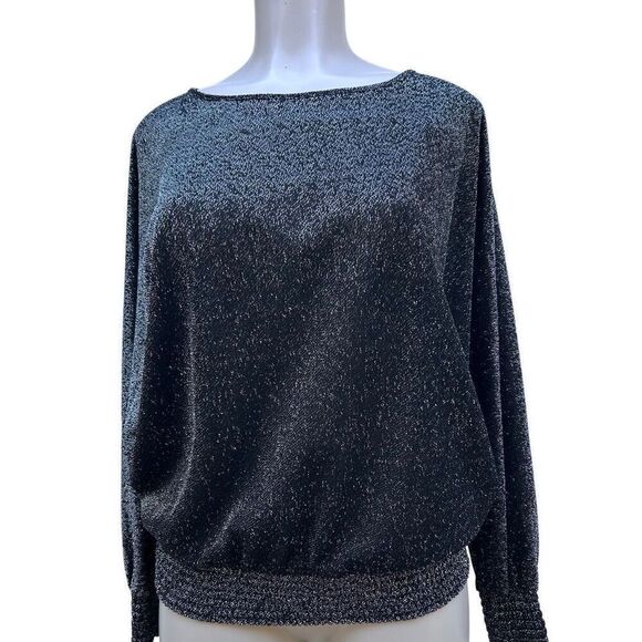 Joanna Sweater Blouse Women's Large Black Sparkly Mylar Blend Smocked Hem - Picture 1 of 16